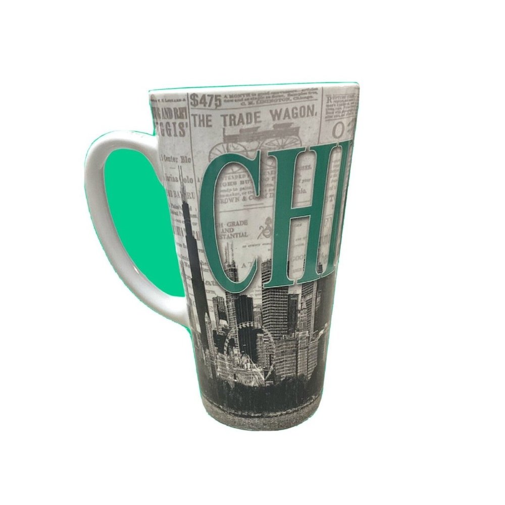 Chicago Coffee Mug 16 oz Tall Newspaper Green Writing Cityscape